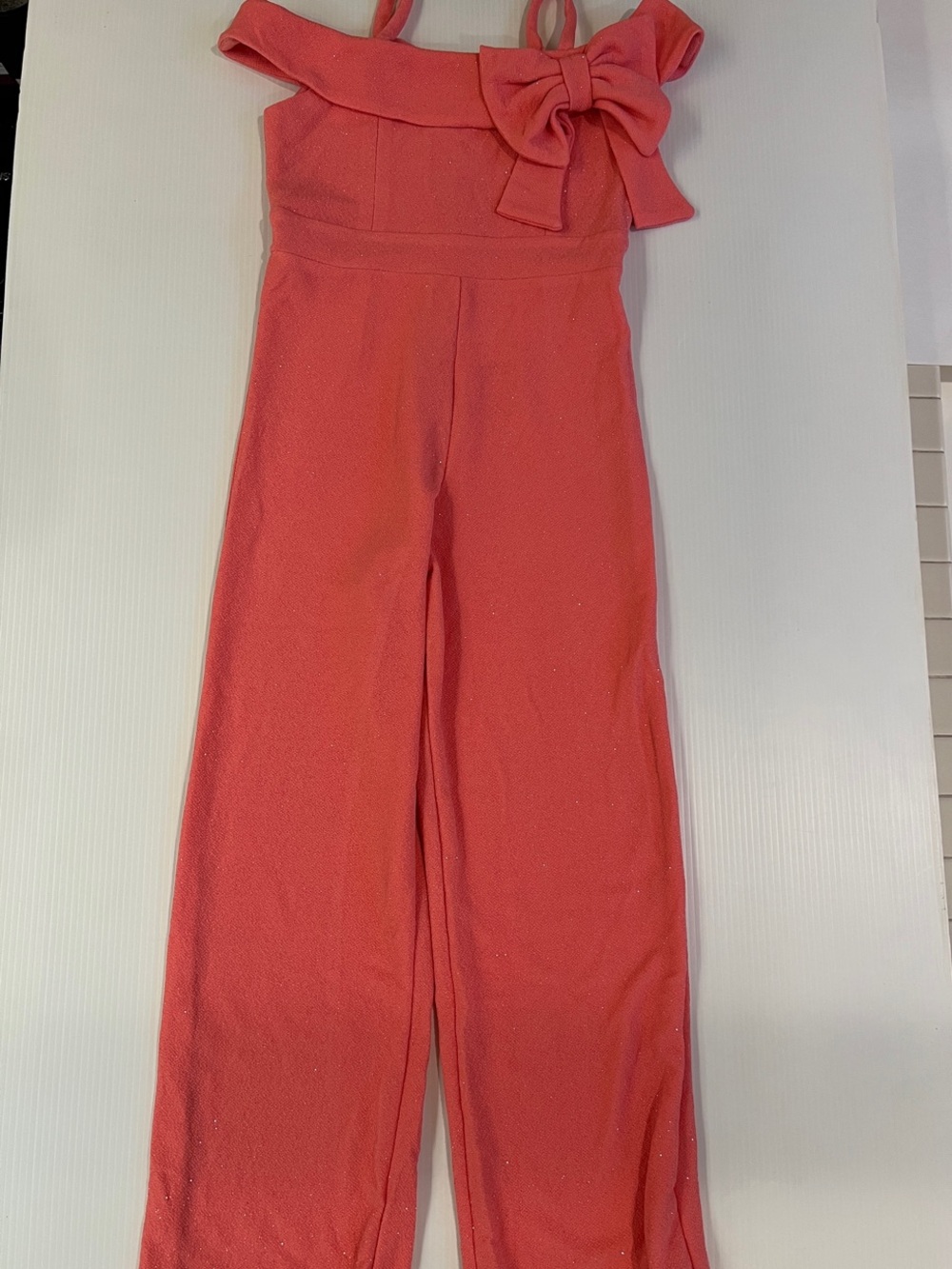 Rare Editions Juniors/ girls Coral Shimmer Jumpsuit with Bow in Size Large